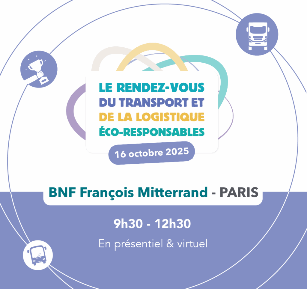 logo rendez-vous du transport et de la logistique éco-responsables, 16 octobre 2025, BNF François Mitterand à Paris de 9h30 à 12h30, en présentiel et en virtuel