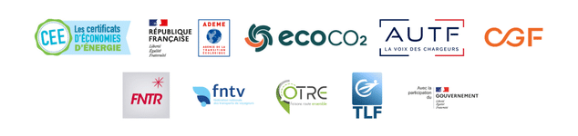 Bandeau des partenaires du programme EVE : ADEME, ecoco2, autf, cgf, fntr, fntv, otre, TLF, avec le soutien du gouvernement dans le cadre des certificats d'économies d'énergie