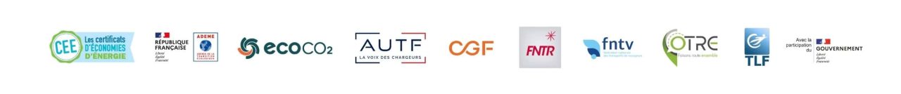 Bandeau des partenaires du programme EVE : ADEME, ecoco2, autf, cgf, fntr, fntv, otre, TLF, avec le soutien du gouvernement dans le cadre des certificats d'économies d'énergie